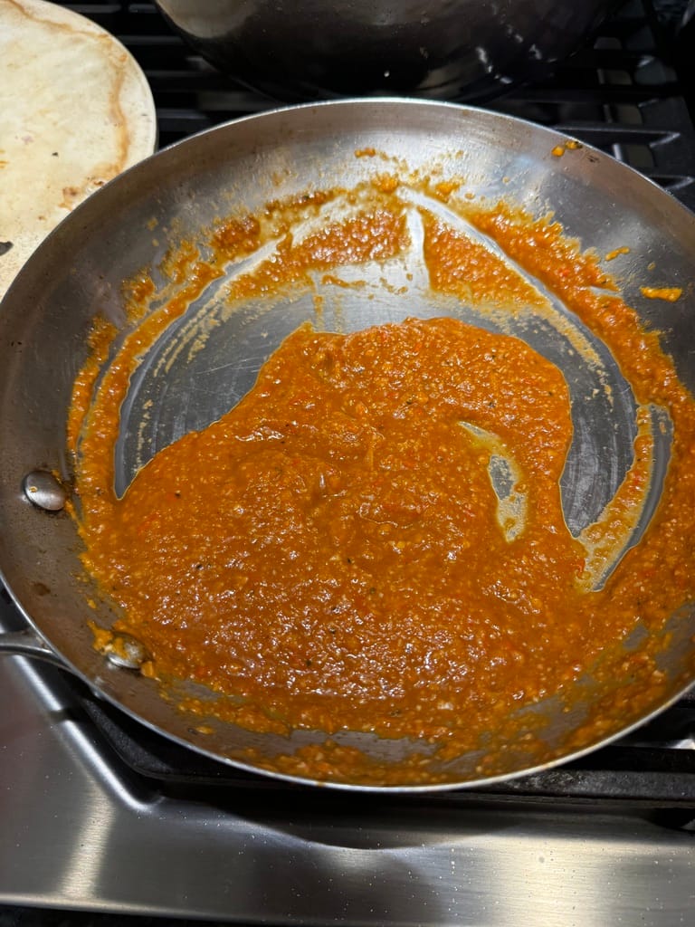 A picture of my tomato sauce in the saucepan.