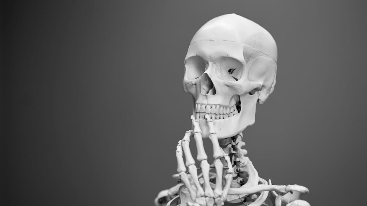 A skeleton with its hand to its jaw, as if it were deep in thought.